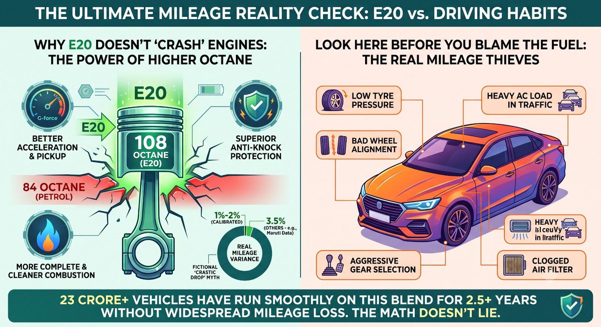 StringReveals's tweet photo. Every "my average has fallen" complaint blamed on E20 skips the boring truth: your mileage was never mostly about the fuel.

It's about:

• Tyre pressure and wheel alignment
• How hard you drive and which gear you sit in
• Your AC, your traffic, your servicing
• A clogged air filter you haven't changed in a year

E20 sits at the bottom of that list, and they've promoted it to the top because "check your tyre pressure" doesn't trend.

Now the timing that gives them away. E19 to E20 has been in your tank for over two and a half years. Nobody noticed a "collapse" for two of those years. The mileage didn't suddenly fall in July. A hashtag did.

20 crore two-wheelers and 3 crore cars later, there is still no real-world evidence of the disaster they keep promising.