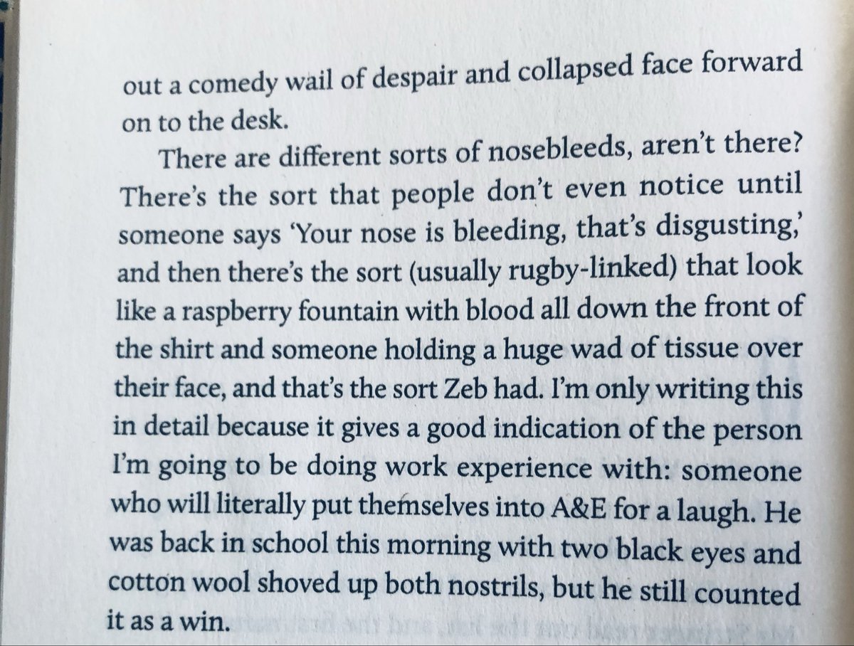 LissaKEvans's tweet photo. I’m GIVING AWAY a hardback copy of ‘My Name is MacKenzie Bly’ (out Aug 27th. Retweet by end of tomorrow for prize draw ) with stunning endpapers by illustrator Jim Kay).
MB is the alter ego of the dully-named Philip Stephens, here describing his Year 9 work experience allocation. https://t.co/q4GERbJ7ky