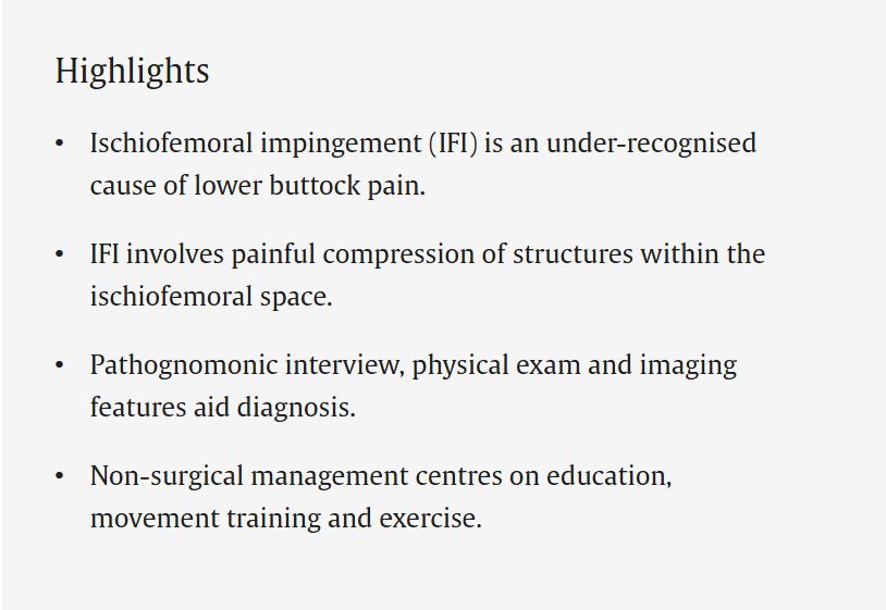 MSKPhysioJnl's tweet photo. Persistent deep buttock pain? Could it be more than gluteal tendinopathy?
Ischiofemoral impingement (IFI) is an often-overlooked cause of posterior hip and buttock pain, frequently misdiagnosed because of its overlapping presentation with gluteal tendinopathy, proximal hamstring tendinopathy, hip osteoarthritis, and lumbar spine disorders. 

This clinical masterclass provides a comprehensive, evidence-informed guide to recognizing and managing IFI, integrating current research with expert clinical experience. 

Read the full masterclass here for more deeper insights: https://t.co/IGaSXqriRW 
#Ischiofemoral impingement #Buttock pain #Buttocks #Hip