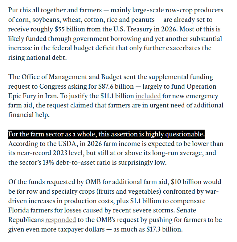scottlincicome's tweet photo. "The truth is that the U.S. farm sector is financially resilient and stable. There is no need for an additional massive bailout." https://t.co/1qSqlVUQfQ https://t.co/iGPysq624v