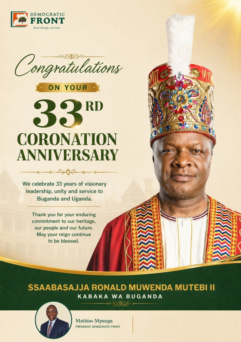 democraticfr's tweet photo. Katonda Yebazibwe, Kabaka Ronald Muwenda Mutebi II, alamudde bulungi @BugandaKingdom_ kati emyaks 33 ejiyise.

@democraticfr esaba Katonda, awangaaze omuteregga ku Nnamulondo emyaka emirara nkumu.

@MathiasMpuuga @cbsfm_ug @bbstvug https://t.co/WFOlQuidss