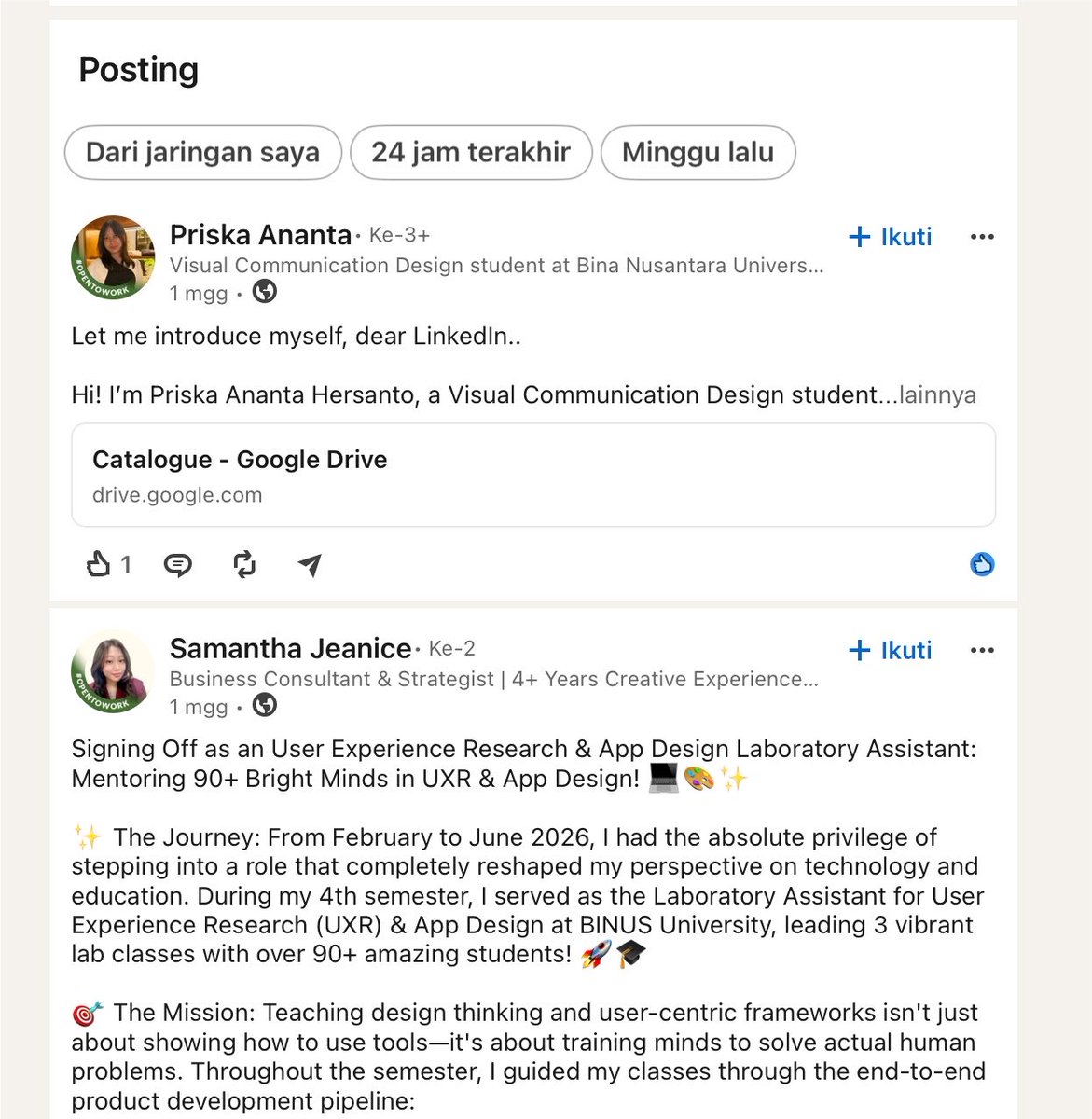 kelas_writing's tweet photo. Kalau kamu undergraduate atau fresh graduate yang lagi nyari inspirasi untuk bikin portfolio sebagai bahan post di linkedin, kamu bisa liat di linkedin itu sendiri. Caranya: di bagian Pencarian, ketik aja:

> Binus portfolio
> pemasaran digital UNS 
> portfolio UGM graduate

Intinya kamu custom aja nama kampusnya + kata kunci “prodi, portfolio, case study, dll”