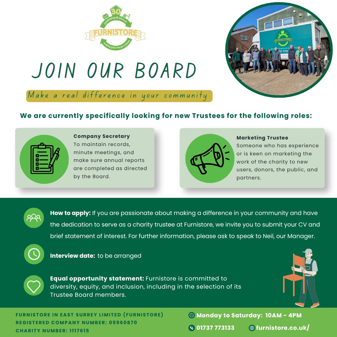 Furnistore's tweet photo. 💚 Join the #Furnistore family!
We're looking for:
🚚 #Volunteer Van Drivers & Crew
📋 #Trustees (Company Secretary & Marketing)
Help support local families and reduce landfill across #EastSurrey.
📞 01737 773133
🌐 https://t.co/wcWtDDH7Mo
A little charity with a big heart💚 https://t.co/uuRFtri418