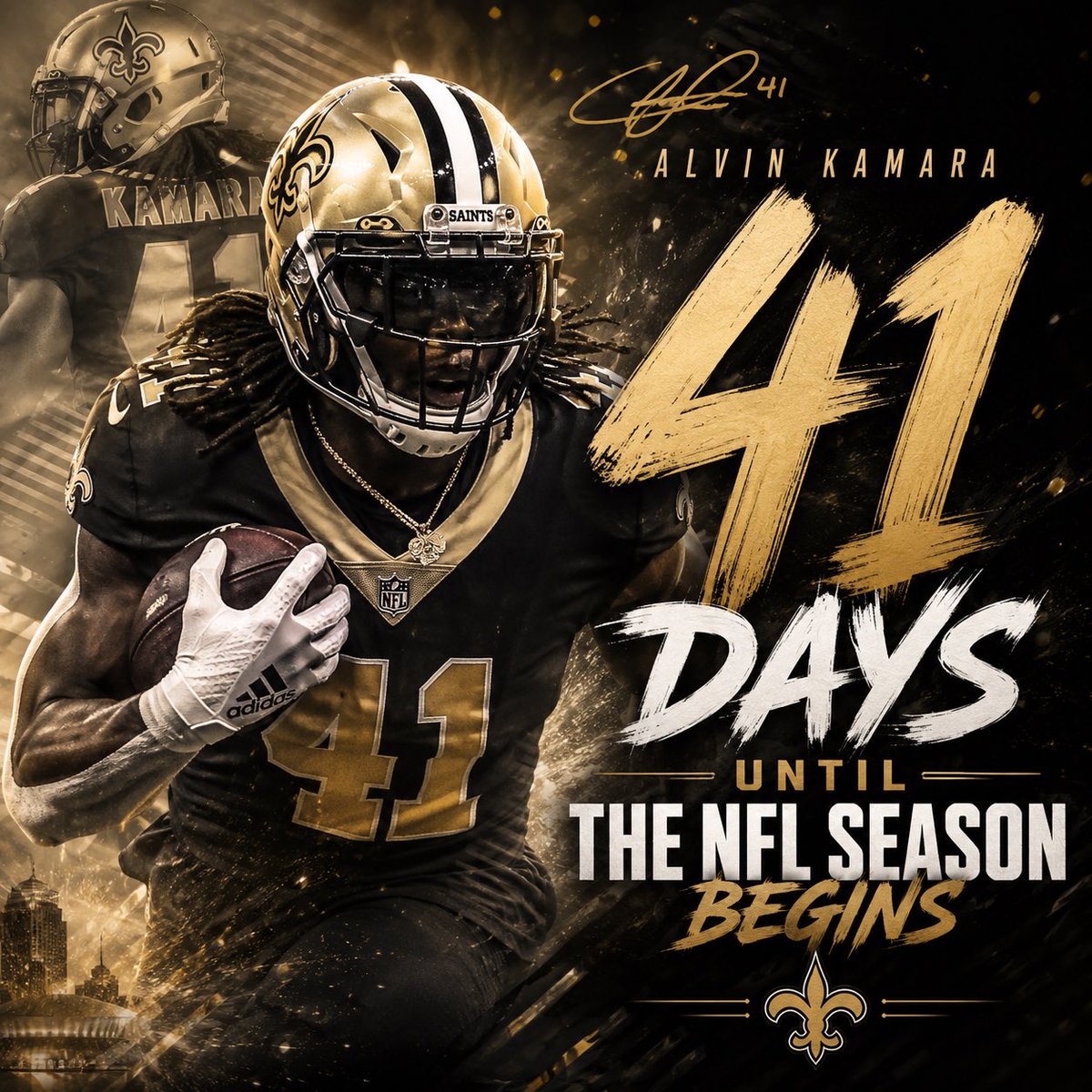 LaKatoFFL's tweet photo. The @HgHntrsofficial’s Alvin Kamara officially kicks off our Countdown. There are 41 days until LaKato Football returns😈 https://t.co/oZeatcsdqC