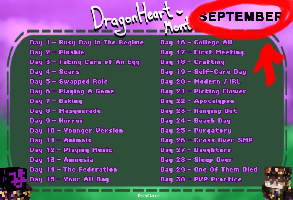 dragonheartduo's tweet photo. Hello!!! Hello!! We made a month challenge for dragonheart lovers REMEMBER THIS IS ON SEPTEMBER WE SENT THIS EARLY SO PEOPLE CAN GET READY FOR IT.

everyone can join the prompts is open for all!!!!

IT'S IN DAMN SEPTEMBER I REMIND YOU GUYS.
day 44[under]

~ 🐈
#dragonheart #qsmp2 https://t.co/ilIv9OTUO0