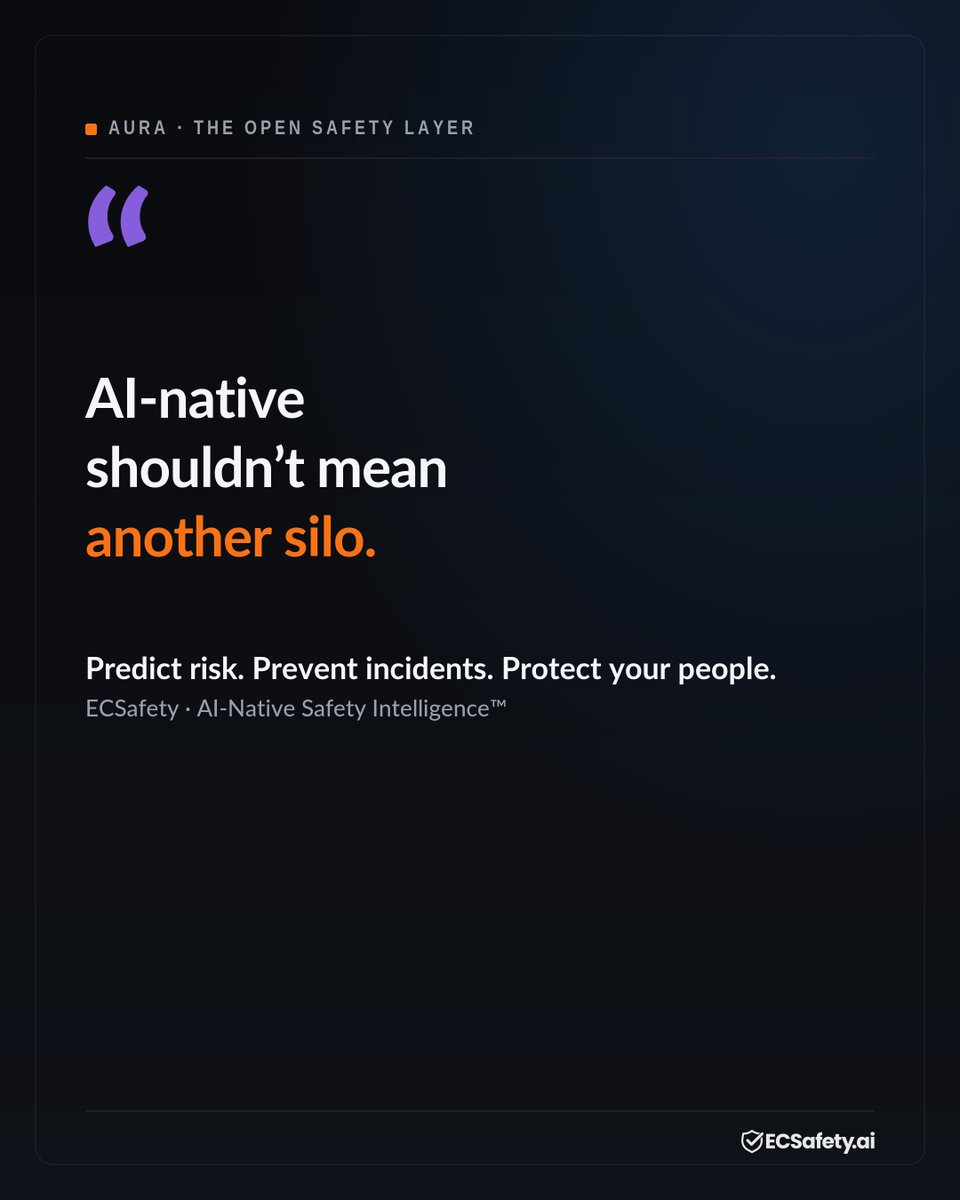 ecsafetyai's tweet photo. AI-native shouldn't mean another silo.

One platform where the whole safety program lives — Smart Forms, inspections, investigations, compliance — and open, so your safety data feeds the systems you already run. Aura doesn't stop at understanding. It closes the action.

Demo → https://t.co/9YwfVcWCXL

#ECSafety #SafetyIntelligence