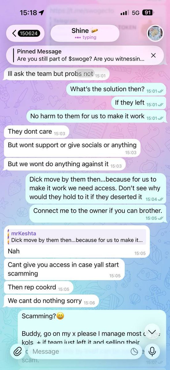 mr_Keshta's tweet photo. Lets talk about what happened with $SWOGE 
Every KOL involved is tagged below.
Price dumped, Vol Bot is off, Team not responsive in TG anymore...worse? They confessed deserting the project and that they are not willing to help. See conversations attached below and continued in the thread: