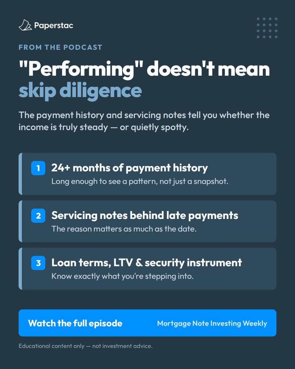 paper_stac's tweet photo. "Performing" ≠ skip diligence.
Current today ≠ steady for years. Before you buy, check:
• 24+ months of payment history
• Servicing notes behind late payments
• Loan terms, LTV & security instrument
#NoteInvesting #MortgageNotes #Paperstac https://t.co/LttKMXt8iI