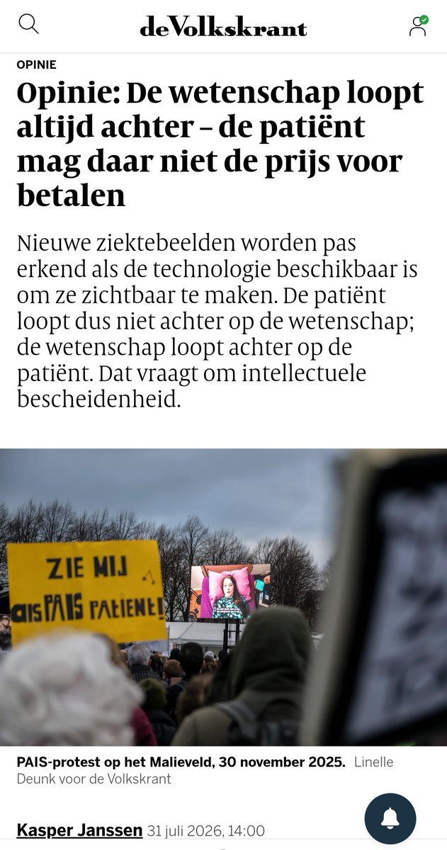 KasperJanssen's tweet photo. De wetenschap loopt altijd achter – de patiënt mag daar niet de prijs voor betalen @volkskrant 
Nwe ziektebeelden worden pas erkend als de technologie beschikbaar is om ze zichtbaar te maken. De pt loopt dus niet achter op de wetenschap; de wetenschap loopt achter op de pt. #PAIS https://t.co/xqd9cZ3ysN