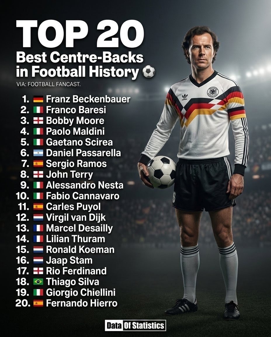 DataOfStats's tweet photo. Best Centre-Backs in Football History ⚽ 

1. 🇩🇪 Franz Beckenbauer  
2. 🇮🇹 Franco Baresi  
3. 🏴󠁧󠁢󠁥󠁮󠁧󠁿 Bobby Moore  
4. 🇮🇹 Paolo Maldini  
5. 🇮🇹 Gaetano Scirea  
6. 🇦🇷 Daniel Passarella  
7. 🇪🇸 Sergio Ramos  
8. 🏴󠁧󠁢󠁥󠁮󠁧󠁿 John Terry  
9. 🇮🇹 Alessandro Nesta  
10. 🇮🇹 Fabio Cannavaro  
11. 🇪🇸 Carles Puyol  
12. 🇳🇱 Virgil van Dijk  
13. 🇫🇷 Marcel Desailly  
14. 🇫🇷 Lilian Thuram  
15. 🇳🇱 Ronald Koeman  
16. 🇳🇱 Jaap Stam  
17. 🏴󠁧󠁢󠁥󠁮󠁧󠁿 Rio Ferdinand  
18. 🇧🇷 Thiago Silva  
19. 🇮🇹 Giorgio Chiellini  
20. 🇪🇸 Fernando Hierro

📊 Source: Football FanCast.