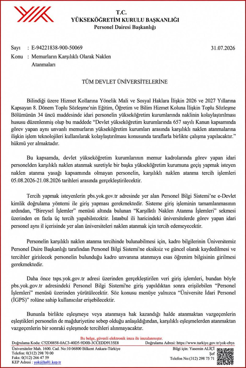 ibrahimguzeluni's tweet photo. Üniversite idari personelin tayin sorununun çözümüne ilişkin Yükseköğretim Kurulu'ndan tüm devlet üniversitelerine gönderilen yazıda karşılıklı naklen atama üzerinden işlem yapılacağı ifade edilmektedir. 
Tayin sorununun çözümü için atılan, bir önceki çalışmaya göre sist eleştirilen bu adımı önemsemekle birlikte yeterli olmayacağını henüz uygulanmadan söyleyelim. 
Puana dayalı tayin sistemine geçmeden sorunu çözmek  mümkün değildir. 
Süreci takip etmeye, sorunun çözümü için mücadelemizi sürdürmeye devam edeceğiz. 
@unipersen @YuksekogretimK @erolozvar