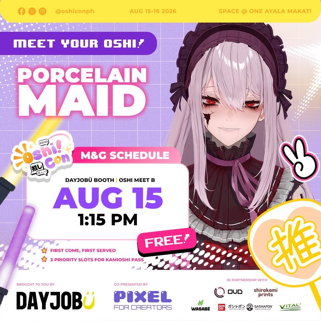 oshiconph's tweet photo. Your oshi is waiting!

@PorcelainMaid, @karldotsol, @JunaUnagi, and @cunniehoe are ready to meet Ü at the FREE Oshi Meet Area at the @dayjobuTV booth! ( ͡° ͜ʖ ͡°) Make sure to drop by on August 15-16, 2026 at SPACE at One Ayala! 

#OshiMeet #OshiCon2026 #Oshi2Ü 💖 https://t.co/nzuJx138u5