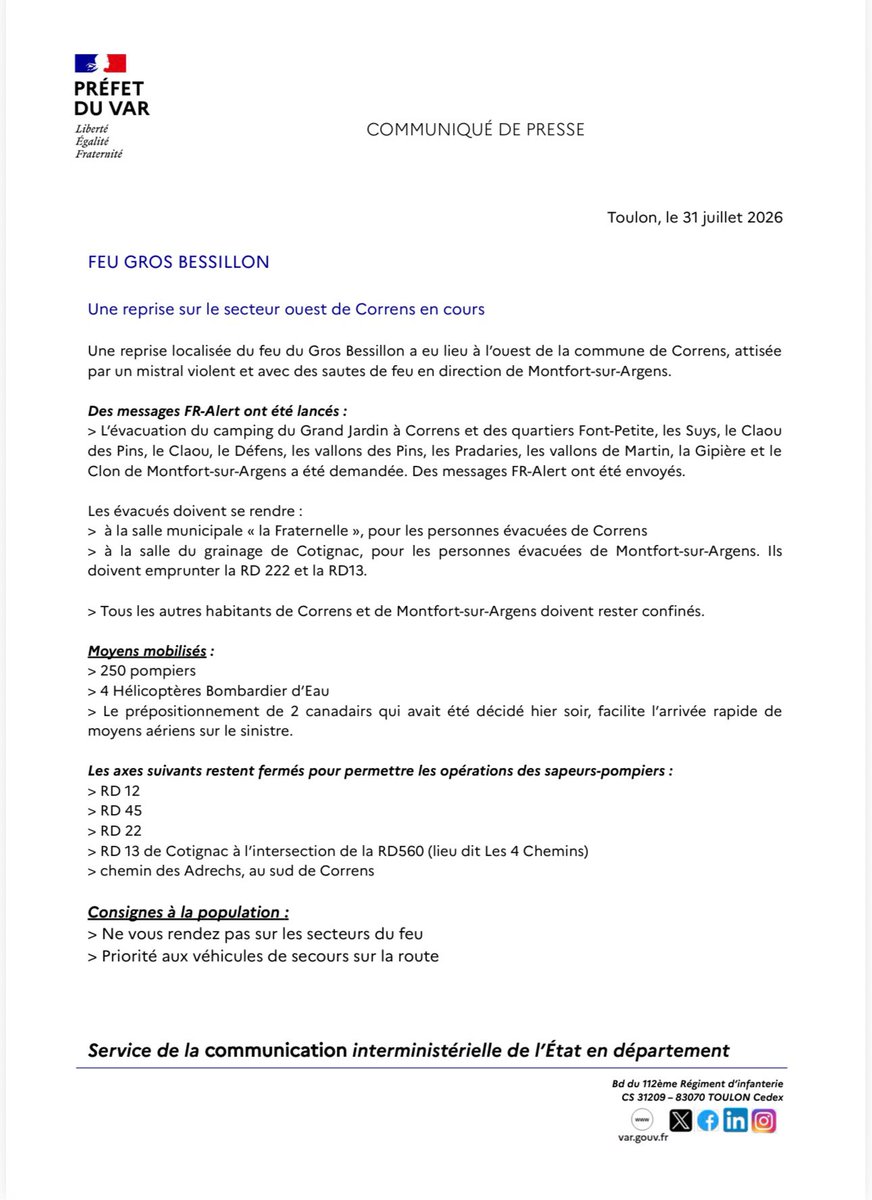 Prefet83's tweet photo. #Feu #GROSBESSILLON |Une reprise localisée du feu du Gros Bessillon a eu lieu à l’ouest de la commune de Correns, attisée par un mistral violent et avec des sautes de feu en direction de Montfort-sur-Argens.

> Évacuations et confinement en cours à Correnset Monfort-sur-Argens
> 2 canadairs sur place