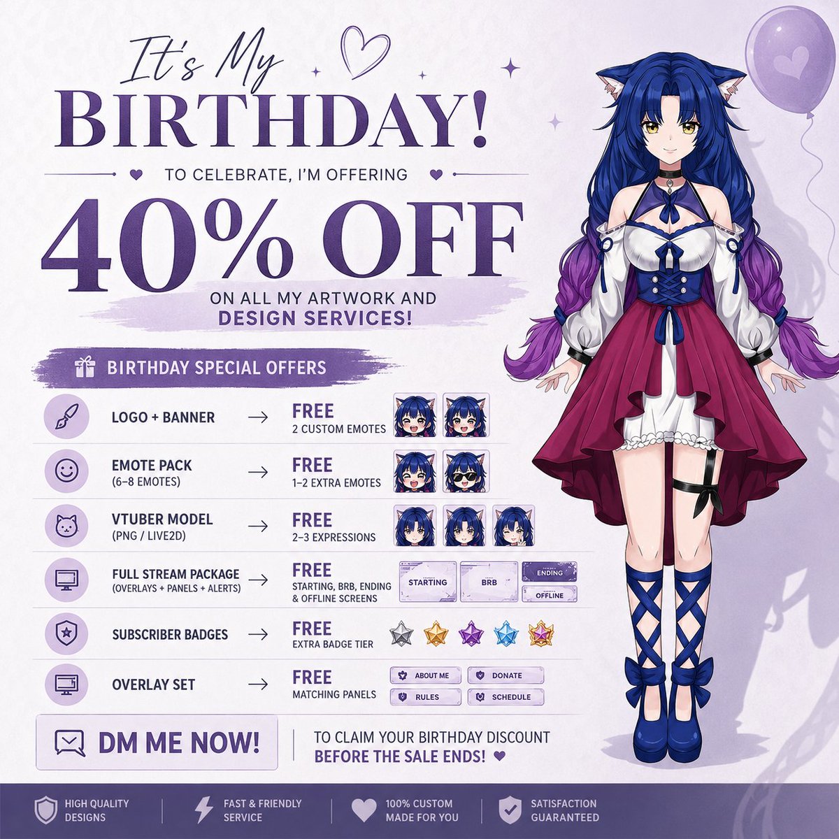 Alison_TylerVT's tweet photo. 🎂 Birthday Sale! 💜

40% OFF on all art &amp; design services. 🎨
Limited-time offer + FREE bonuses on selected packages. 🎁

📩 DM to claim your discount! 

#vtuber #twitch #envtubers #pngtuber #gamers https://t.co/U4sptQbdVs