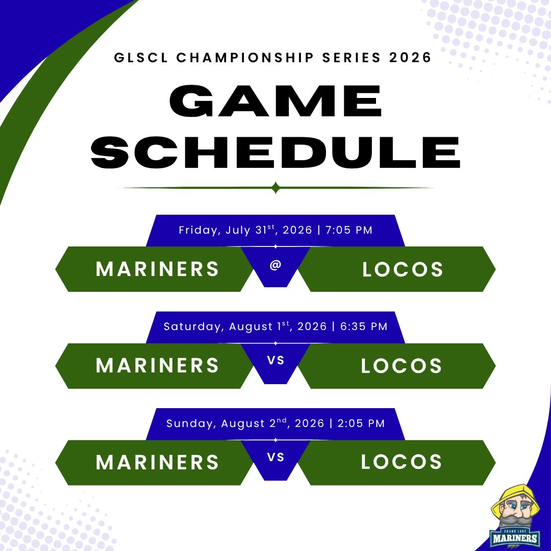GLMariners's tweet photo. Here's the schedule as the Mariners battle for the GLSCL Championship.

Free tickets for our Championship Series home games are available at:

📍Dynamic Federal Credit Union
📍Grand Lake Floral &amp; Gifts
📍McDonald's
📍Hot Head Burritos
📍The Willow https://t.co/KPXUBKJpod