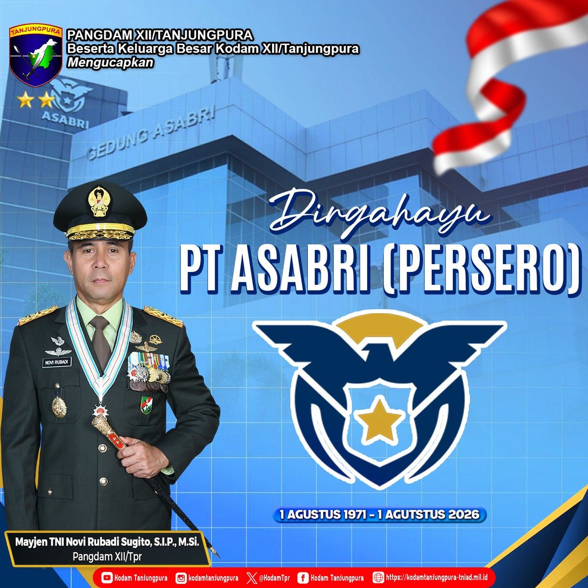Kodam12Tpr's tweet photo. Dirgahayu PT Asabri (Persero)
"1 Agustus 1971 - 1 Agustus 2026"
#tniprima #tnirakyatkuat #indonesiaemas2045 #kodamtanjungpura https://t.co/nk9lLxygn7