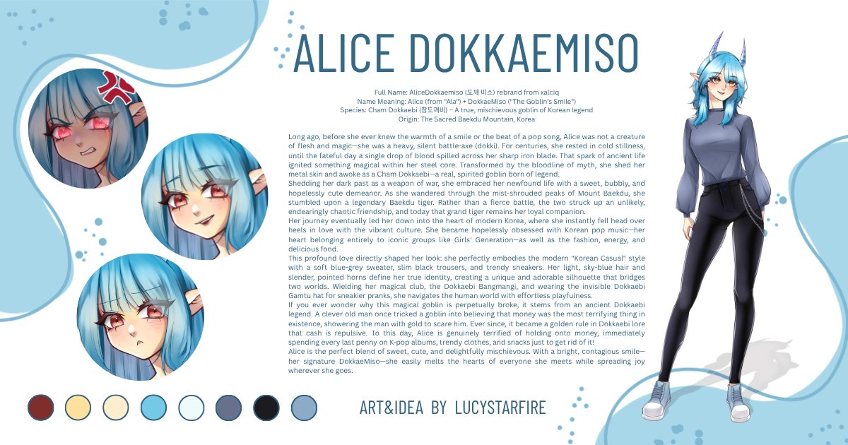 LusiaStarfire's tweet photo. Meet AliceDokkaemiso (도깨 미소)! 🩵@XAlciQ03 
An ancient battle-axe turned cute, K-pop obsessed Dokkaebi! Loves Korean Casual fashion, her Mt. Baekdu tiger, and spending all her cash immediately because money is terrifying 
#CharacterDesign #VTuber #ENVTuber #PLVTuber https://t.co/SXs4ujBXe7
