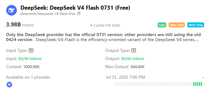 qilua02's tweet photo. ~100M free tokens with the new DeepSeek V4 Flash 0731! 🤯

Link: https://t.co/m5L69SU3tM

Grab it before it’s gone. https://t.co/olLKPVF6h6