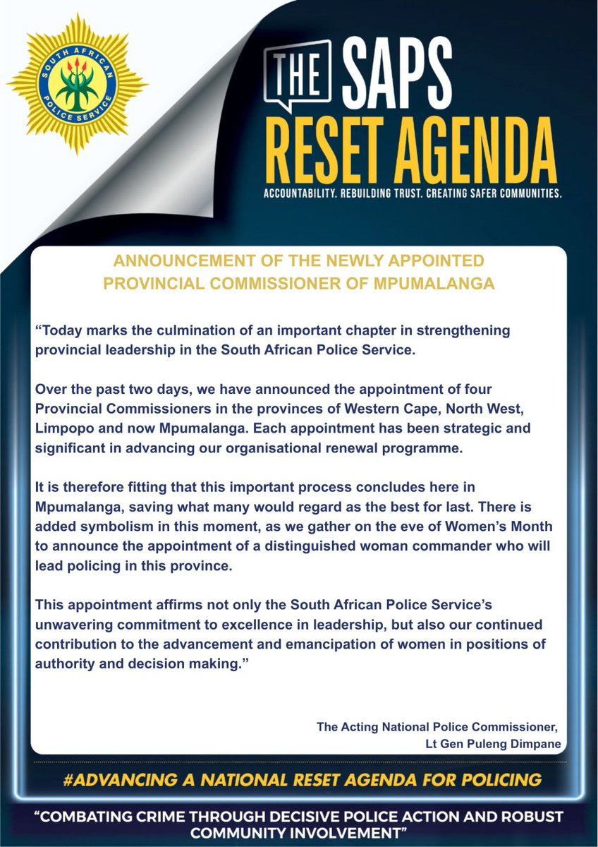 SAPoliceService's tweet photo. #sapsHQ [ACTING NATIONAL COMMISSIONER ANNOUNCES NEW PROVINCIAL COMMISSIONER OF MPUMALANGA] Today's appointment of the newly appointed Provincial Commissioner of #SAPS Mpumalanga affirms not only the South African Police Service’s unwavering commitment to excellence in leadership, but also our continued contribution to the advancement and emancipation of women in positions of authority and decision making.

This occasion is equally about continuity, stability and renewal. Today, the baton is formally handed over from a General who has led this province with unwavering commitment in an acting capacity for the past three years, to another accomplished and dynamic General entrusted with taking policing in Mpumalanga to even greater heights. #sapsMP #SAPSResetAgenda ME