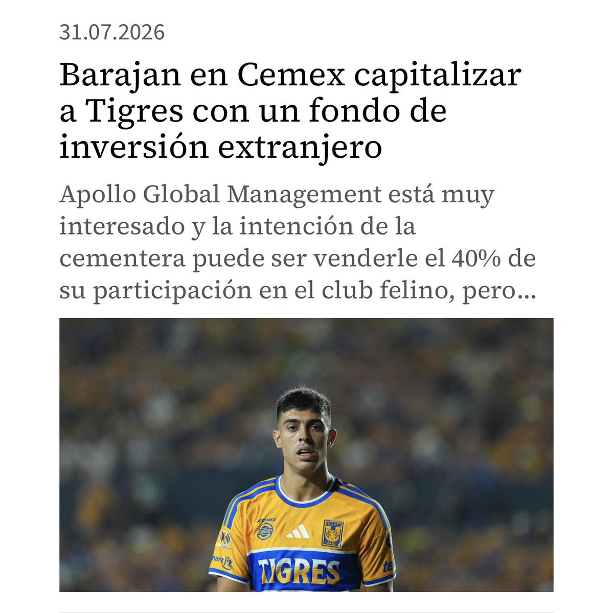 tigresfootball_'s tweet photo. 🚨💣 Informa @laaficion que CEMEX buscaría capitalizar a Tigres con un fondo de inversión extranjero: Apollo Global Management.

Esto podría significar un ANTES Y DESPUÉS para el club. 

➤ Más dinero para fichajes de primer nivel.
➤ Mayor inversión en infraestructura.
➤ Un proyecto deportivo mucho más ambicioso.
➤ Más capacidad para competir en México y a nivel internacional.

Si esto se concreta, Tigres podría entrar en una nueva era financiera y deportiva.

SERIA UN BOMBAZO. 📈💰
