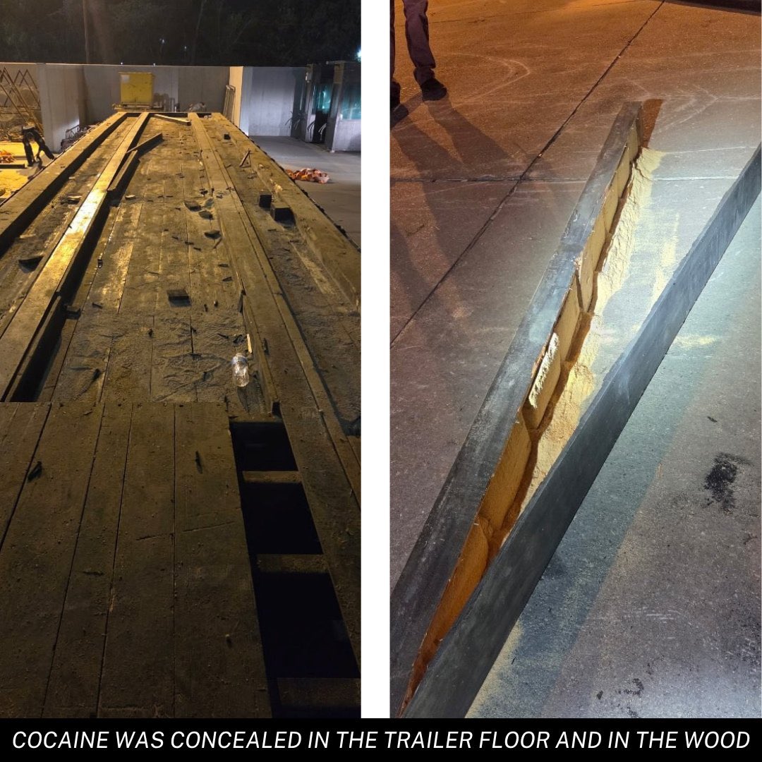 sparta_300_'s tweet photo. More than half a ton of cocaine seized which was worth about $20 MILLION. The contraband was hidden in the floorboards of a commercial truck and attached flatbed trailer at the Calexico Port of Entry.

This was the second largest cocaine seizure in 2026 in the Southern District of California. The largest seizure was in May when more than a ton of cocaine estimated to be worth $45 million was discovered in connection with a subterranean cross-border tunnel.

https://t.co/s77tEj39XI