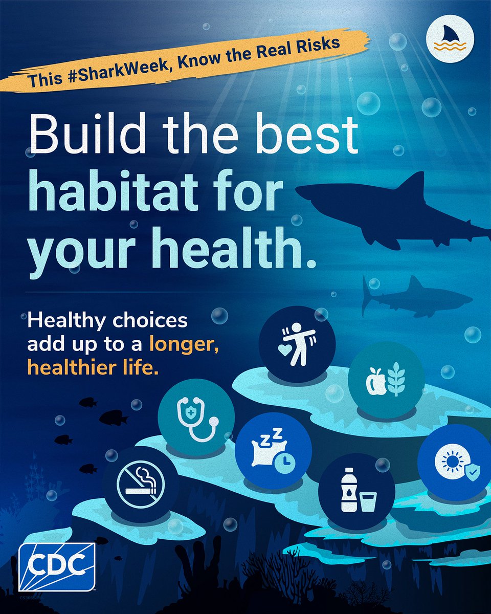 CDCgov's tweet photo. Sharks thrive in the right habitat. You can, too.
Healthy living isn't one big decision. It's the small choices you make every day.
✔️ Eat nutritious foods.
 ✔️ Be physically active.
 ✔️ Get enough quality sleep.
 ✔️ Stay up to date on recommended screenings.
✔️ Use broad-spectrum sunscreen with an SPF of 15 or higher.
 ✔️ Avoid all tobacco use.
 ✔️ Drink less alcohol.
Together, these healthy choices can help reduce your risk of chronic diseases, including heart disease, type 2 diabetes, and some cancers, and support a longer, healthier life.
This #SharkWeek, choose one healthy step. Small changes today can help protect your health for years to come.
#SharkWeek #ChronicDisease #GetActive #EatRealFood