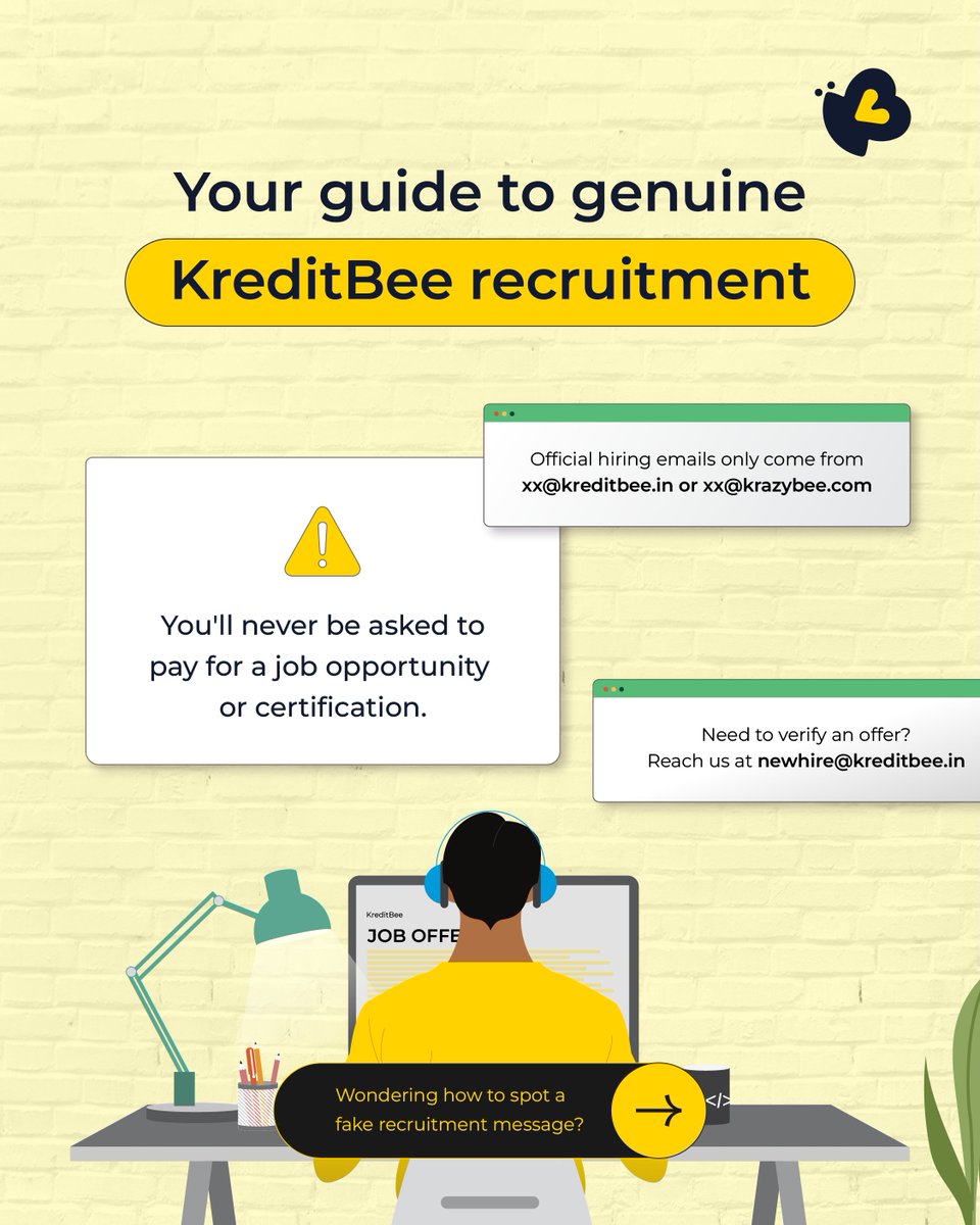 kreditbee's tweet photo. Finding the right opportunity takes effort. Making sure it's genuine is just as important.

We're committed to creating a safe and transparent hiring experience for every candidate.

#KreditBee #KreditBeeHainNa #KreditBeeHiring #CareerOpportunities #ScamAwareness https://t.co/bb6iheSHca