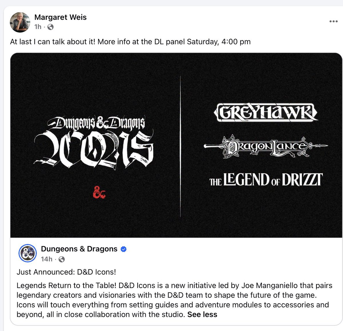 YoDanno's tweet photo. I saw that Margaret Weis, Tracey Hickman, RA Salvatore, Joe Manganiello, and Luke Gygax were there together. 

I know some of these folks personally, so I choose to be hopeful and optimistic. This has so much potential.

But instead of ICONS, I first read that as 200215 and now I can’t unsee it 😂