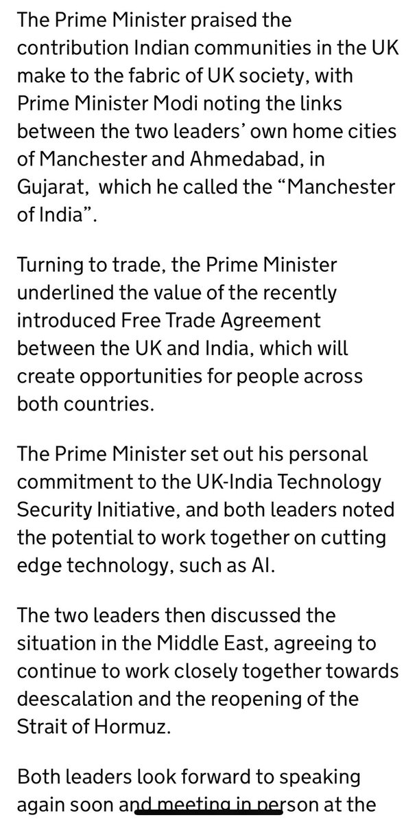 rohanduaT02's tweet photo. FLASH: Newly sworn-in UK PM Andy Burnham speaks to Indian PM, pledging stronger ties while referring to Gujarat as Manchester of India

Burnham seeks to carry forward recent FTA where big UK brands made deeper penetration & Indian farmers got formidable access.

Shows evolution of trade between two countries after Piyush Goyal & Harjinder Kang inked the deal.