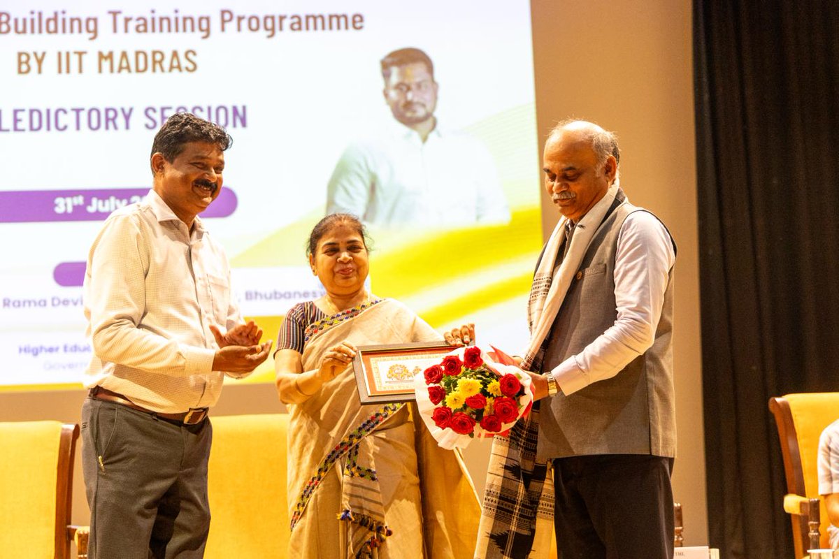 DHE_Odisha's tweet photo. From Learning to Leadership with AI

The AI Capacity Building Training Programme concluded today at Rama Devi Women's University, Bhubaneswar, marking three days of immersive learning on the use of AI in higher education.

From practical insights into AI governance to emerging applications, experts from IIT Madras equipped participants with the knowledge and skills required for smarter, future-ready institutions. The programme concluded with the valedictory session, reaffirming a shared commitment to excellence and innovation in higher education across Odisha.

#HigherEducation #Odisha #ArtificialIntelligence #CapacityBuilding