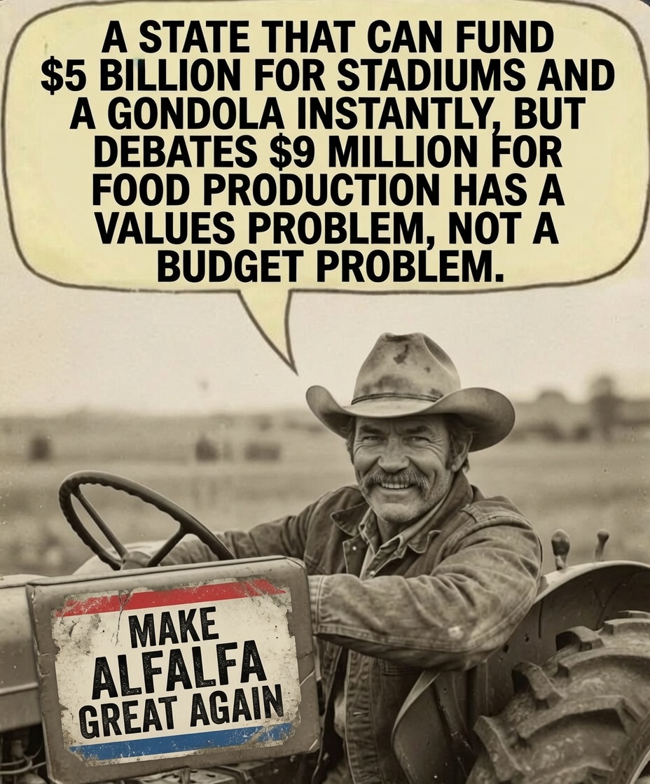 Utahfarmersorg1's tweet photo. Make Alfalfa Great Again?

96% of Utah's water is not consumed by cities, farmers, or industry.

What's this hay thing all about?  

Utah is anti-farmer.  Utah employees 22 full time farm water cutters chopping down Utah's food production daily.  Why?

Utah farmers don't use 80% of Utah's water.  Utah's 8 Billion trees use 80% of Utah's water.

It's easy to demonize and smear farmers with misinformation.  The Utah Division of Water Rights only manages 4% of Utah's consumptive water under roughly 133,000 water permits called Water Rights.

Farmers own 80% of the 4% which is 3.2% of Utah's consumptive water.  You can't take trees to court, but you can take a farmer to court.  This is what's going on.

Utah is extremely food insecure.  Utah produces only 2% of its fruits and vegetables and 25% of its dairy.

We can't feed ourselves and pay farmers not to grow food to save water for California which tore down 100 dams and reservoirs.

Yes, Utah families pay for less food production for more water for California.  This is a bad policy.

Better Policies for Better Living