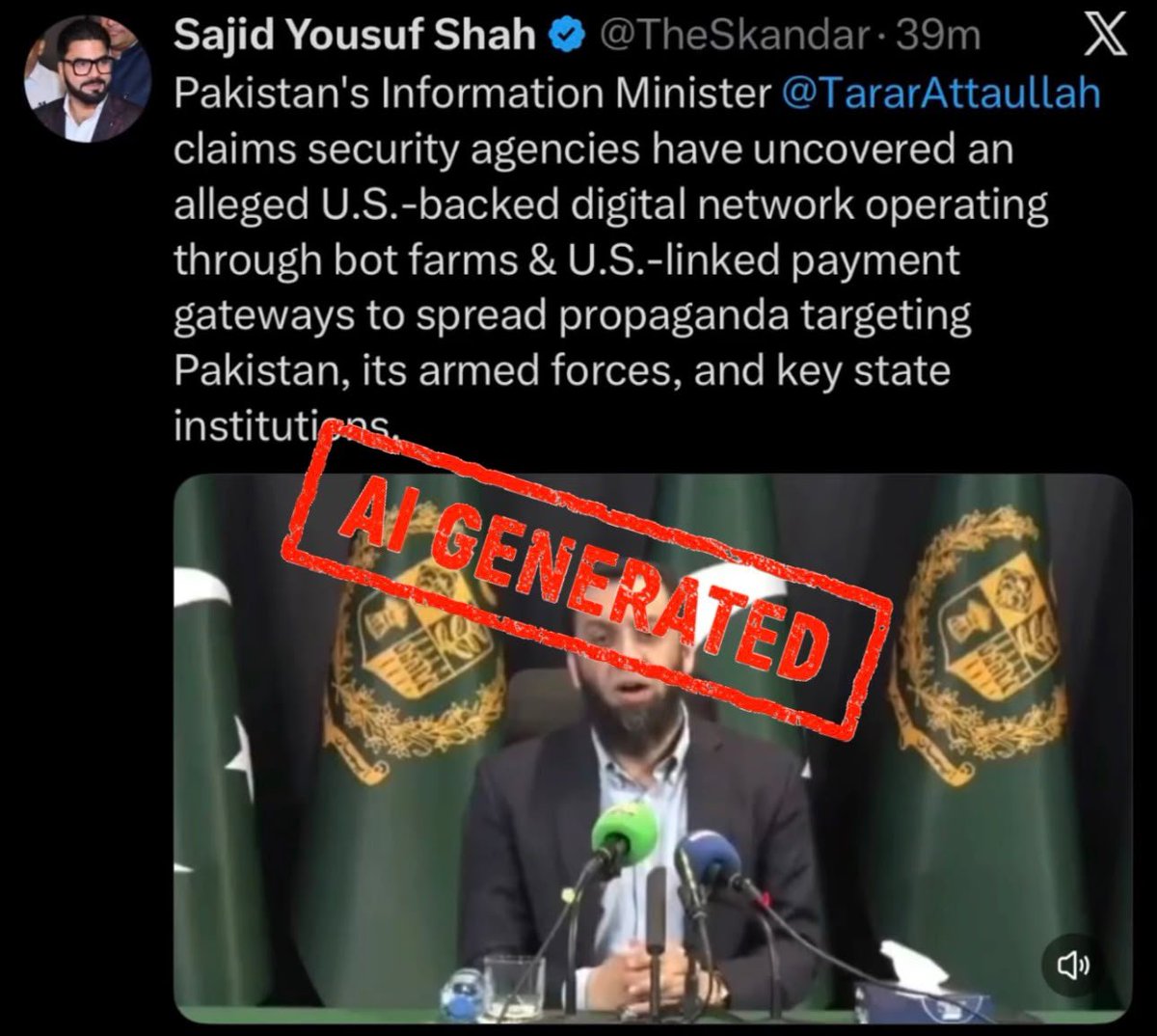 EPropoganda1's tweet photo. 🚨 INDIAN LIES EXPOSED 🚨

Indian accounts are desperately spreading a fabricated claim that Pakistan Information Minister Attaullah Tarar exposed an America-backed digital network. 
This is pure garbage.

@TararAttaullah stated on record that Pakistani agencies smashed an India-run digital propaganda machine using bot farms, payment channels, and AJK JAAC content to attack Pakistan, its armed forces, and state institutions.

He never uttered the word America.
These accounts are circulating AI-doctored clips and rewritten text to manufacture a false narrative and sabotage Pakistan-US relations.
This is classic Indian information warfare.

when they get caught, they invent new lies.Don’t fall for their propaganda. Call it out.
@MoIB_Official @FactCheckerMoIB
#FactCheck #AttaullahTarar #IndianDisinfo #Pakistan