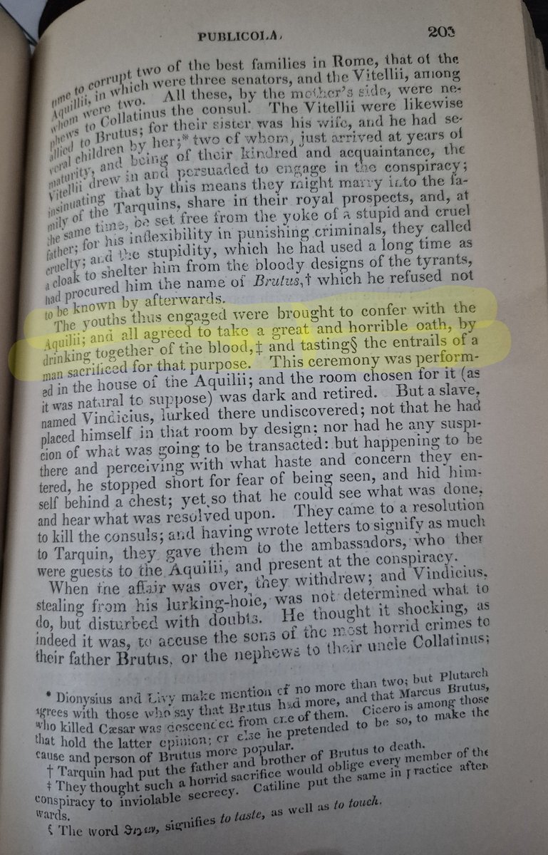 DanielB29895412's tweet photo. @OwenBenjamin  I think this rings true because it is known pattern that a conspiracy kicks off with a gruesome sacrifice in order to keep  everyone's secrecy.  There is an account in Plutarch's Lives in the First Volume in the chapter of Publicola's life where the conspirators, the two families of Aquillii and Vitellii all got together and drank blood and ate entrails of a sacrificed man to seal their resolution to kill Roman consuls.  They were overheard by their slave Vindicius who was able to to tell Valerius (AKA Publicola) about the plot.  It's a good story and really lines up with the vibe of what's currently going on.