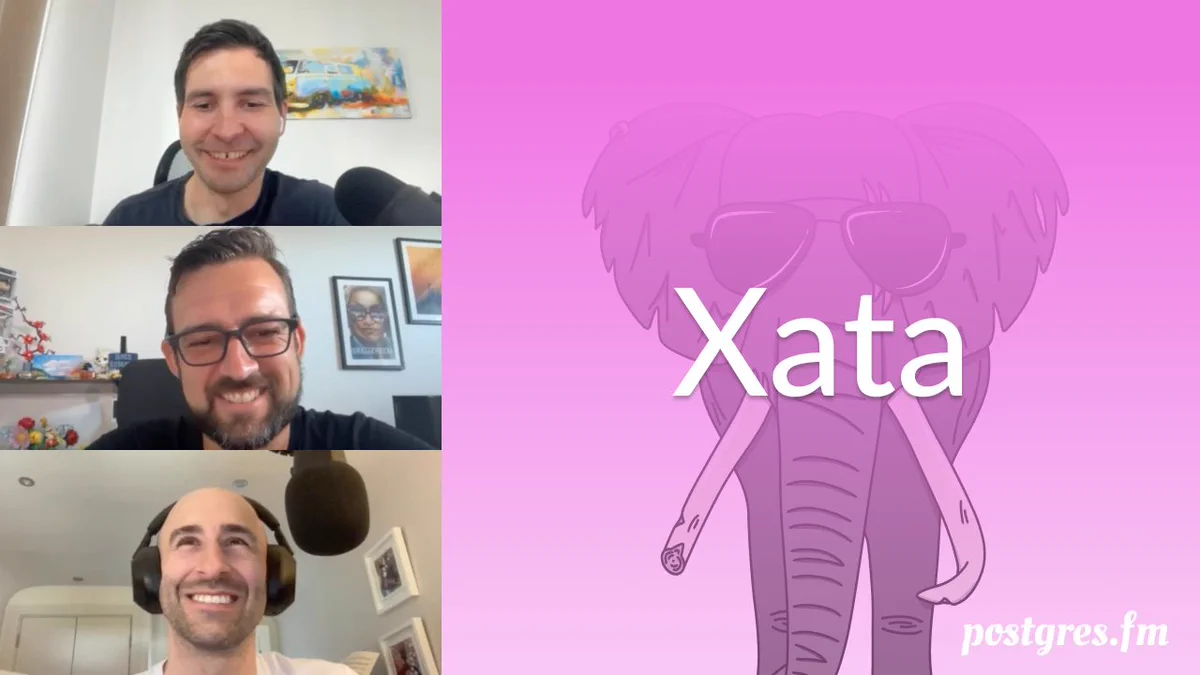 Pictures of Tudor, Nik, and Michael mid-recording, the episode title "Xata", against a pink background with an elephant wearing sunglasses.