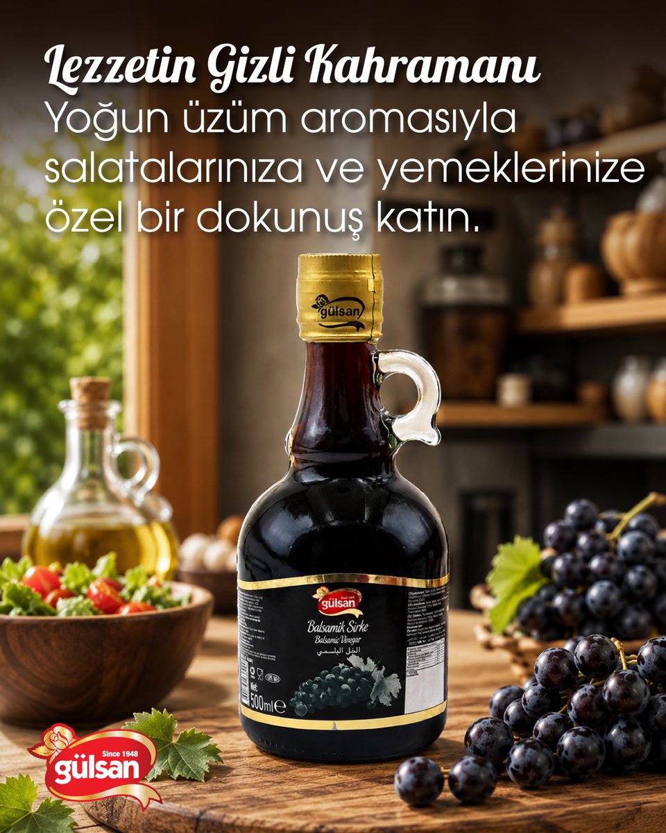 gulsangida_'s tweet photo. Lezzetin Gizli Kahramanı
Yoğun üzüm aromasıyla salatalarınıza ve yemeklerinize özel bir dokunuş katın.
#BalsamikSirke #LezzetinSırrı #DoğalLezzet #MutfakKeyfi #Gülsan https://t.co/ky8cXb5bFi