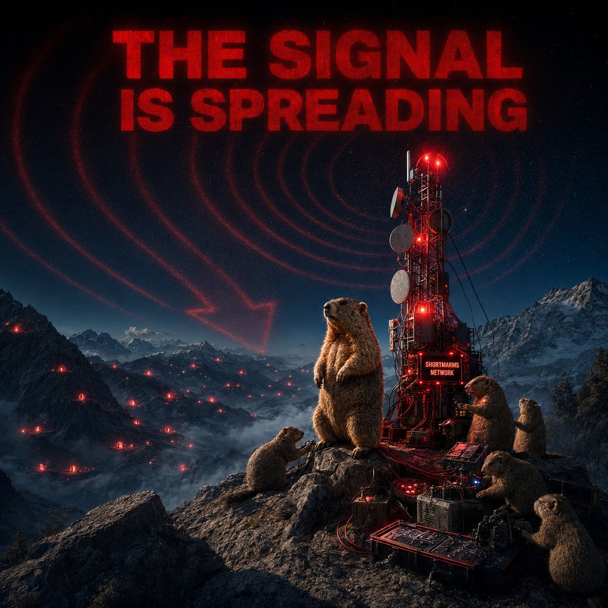 SHORTMARMS96's tweet photo. The colony was online.

But one burrow was never enough.

So the marmots climbed the highest mountain, built a transmitter and sent the signal across the world.

One by one, the burrows began to glow. 🔴

If you can see the signal, you’re already part of the network.

$SHORTMARMS is spreading.

#SHORTMARMS #Solana #SOL #Memecoin #Crypto #Bitcoin #Altcoins