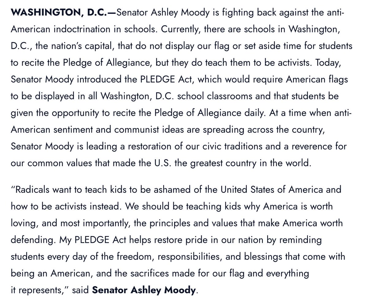 maustermuhle's tweet photo. NEWS: @SenAshleyMoody (R-Florida) has a new bill to require the U.S. flag be displayed in all D.C. school classrooms and mandate the Pledge of Allegiance at the start of the day, though students could opt out. "We should be teaching kids why America is worth loving," she says. https://t.co/XXkDoPMqHt