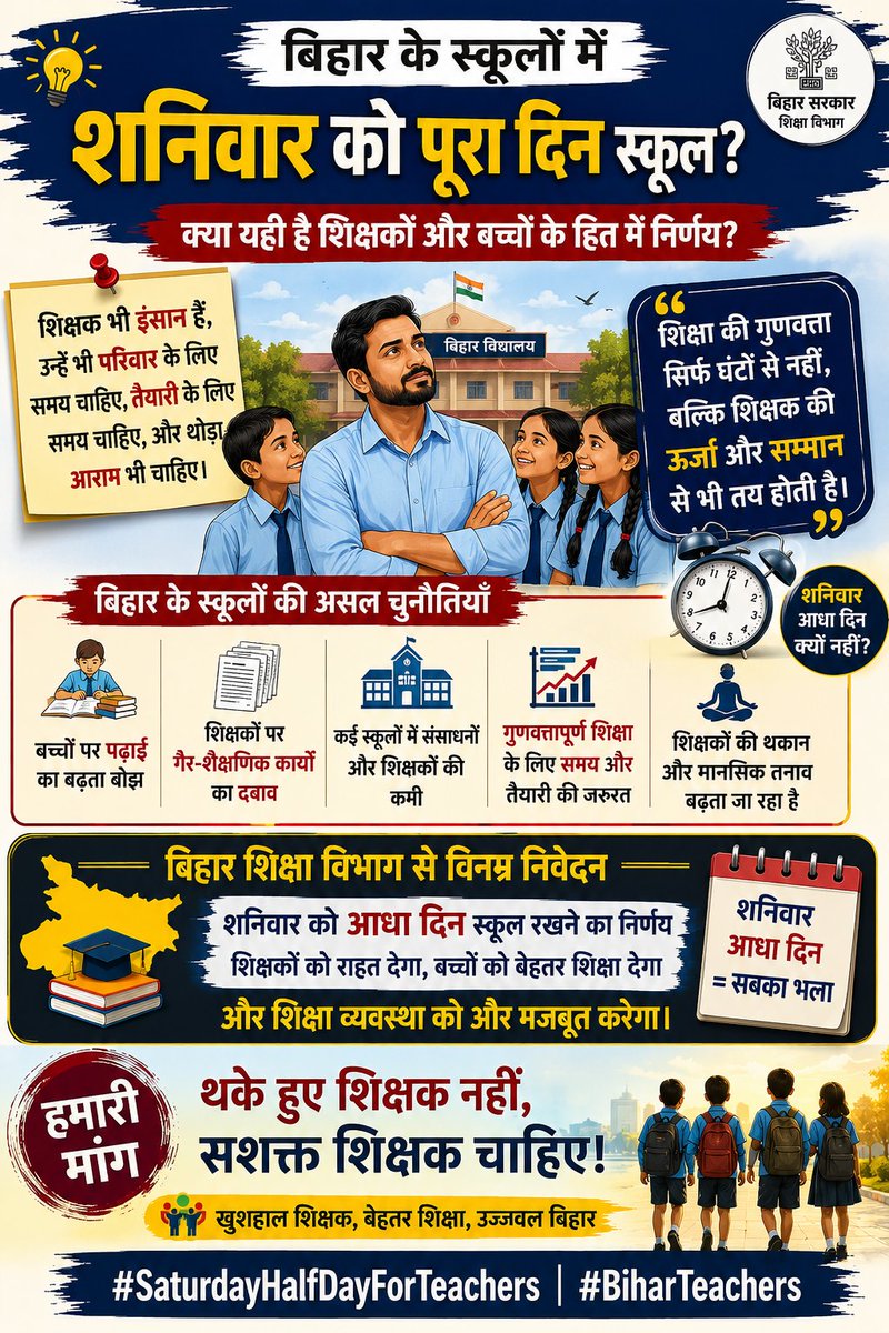 vkv31595's tweet photo. शिक्षा की गुणवत्ता सिर्फ घंटों से नहीं, बल्कि शिक्षक की ऊर्जा और सम्मान से भी तय होती है।
#SaturdayHalfday https://t.co/MutU09Np8y