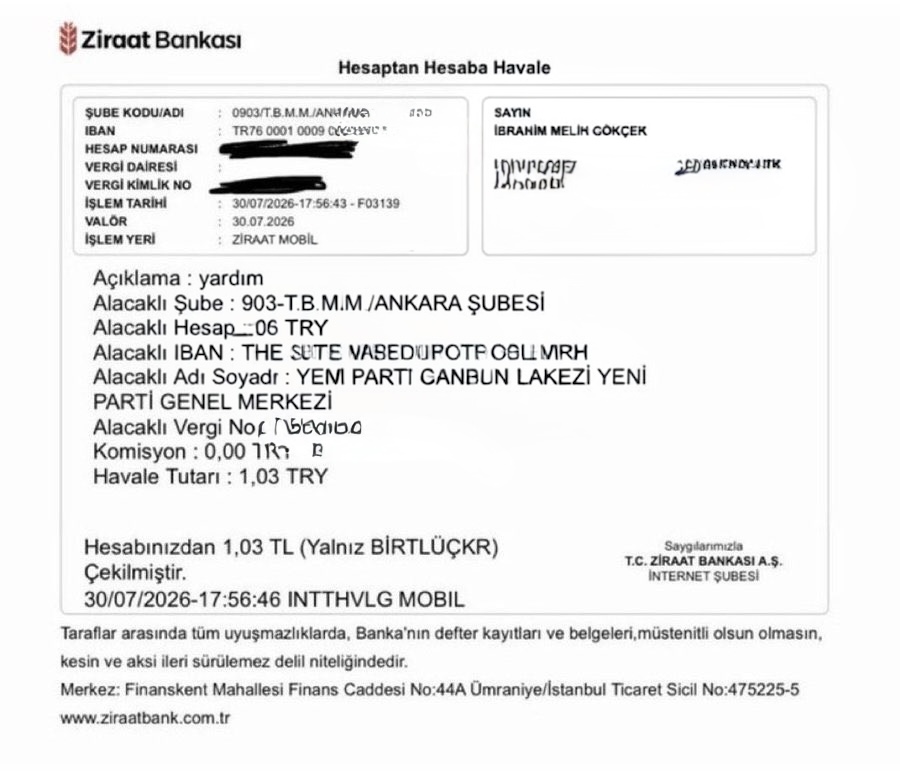 haskologlu's tweet photo. Melih Gökçek'in Yeni Parti'ye gönderdiği 1 TL'lik para yardımını Yeni Parti:

"Milletimizin helal bağışlarına haram karıştırmayız." diyerek 1 TL'lik bağışı iade etti. https://t.co/1cSN6WeuFh