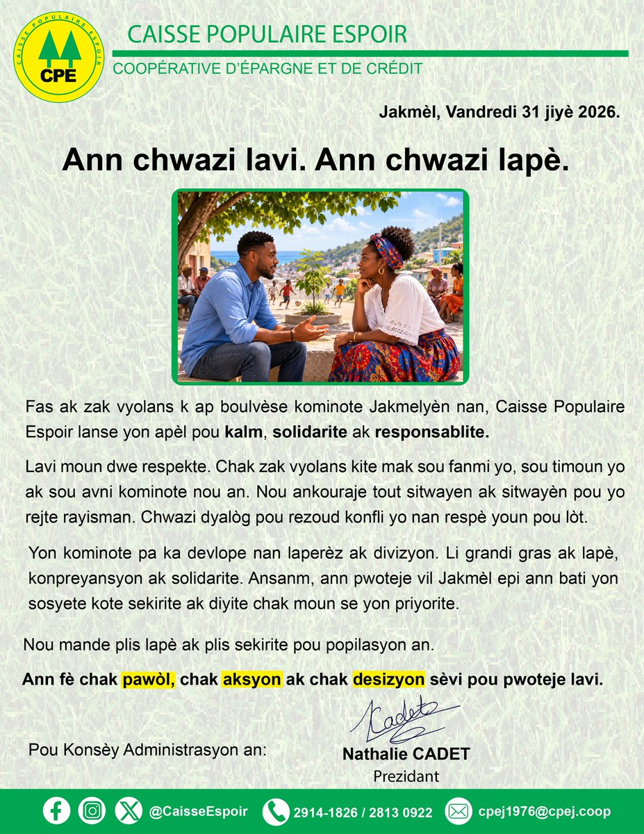 CaisseEspoir's tweet photo. Ann chwazi lavi. Ann chwazi lapè. 🤝

#CPE #CaisseEspoir #LaPaix #nonviolence #Lapè https://t.co/nnLjD6Na89