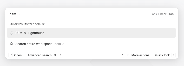 dembranded's tweet photo. @linear I think this search should match to DEM-84 as well.

#UX #Search #UI #WebDev #FrontEnd https://t.co/mCKHRkGIyL