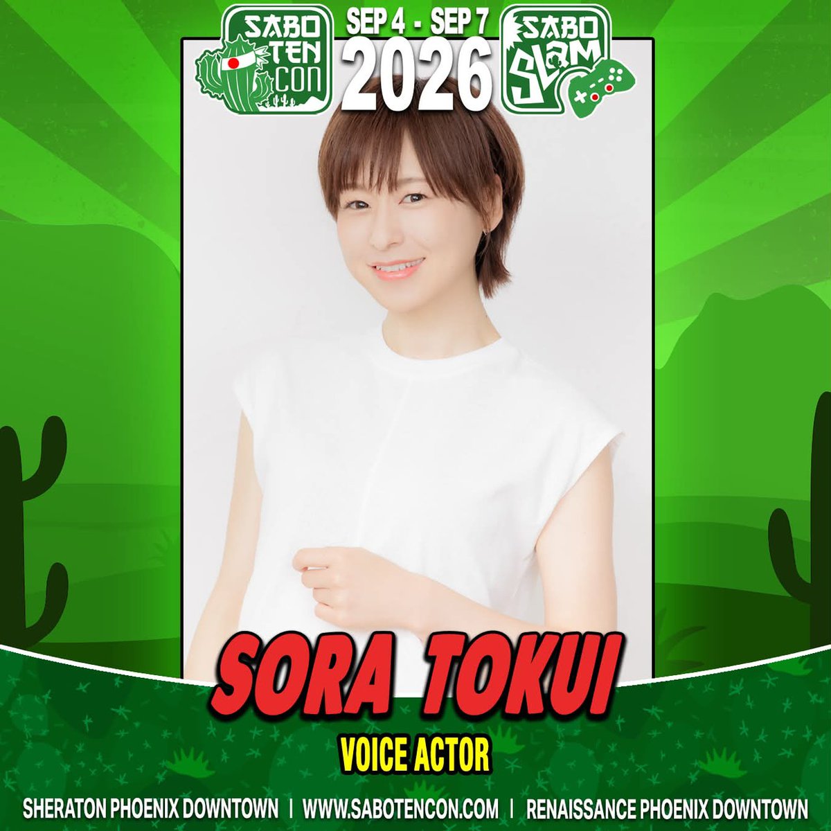 AriaPro_info's tweet photo. Please welcome Sora Tokui @tokui_sorangley to Saboten Con 2026!

Voice actress of Nico Yazawa from the Love Live! series, Hook from Honkai Star Rail, T.M. Opera O from Umamusume: Pretty Derby, Blanc from Goddess of Victory: Nikke, Hideri Kanzaki from Blend S, Maya Jouga from GochiUsa: Is the Order a Rabbit?, Akari Nitta in Jujutsu Kaisen and more!

For more information and to buy your badge go to https://t.co/h6MsfXVzPa

#SabotenCon
#Arizona
#徳井青空