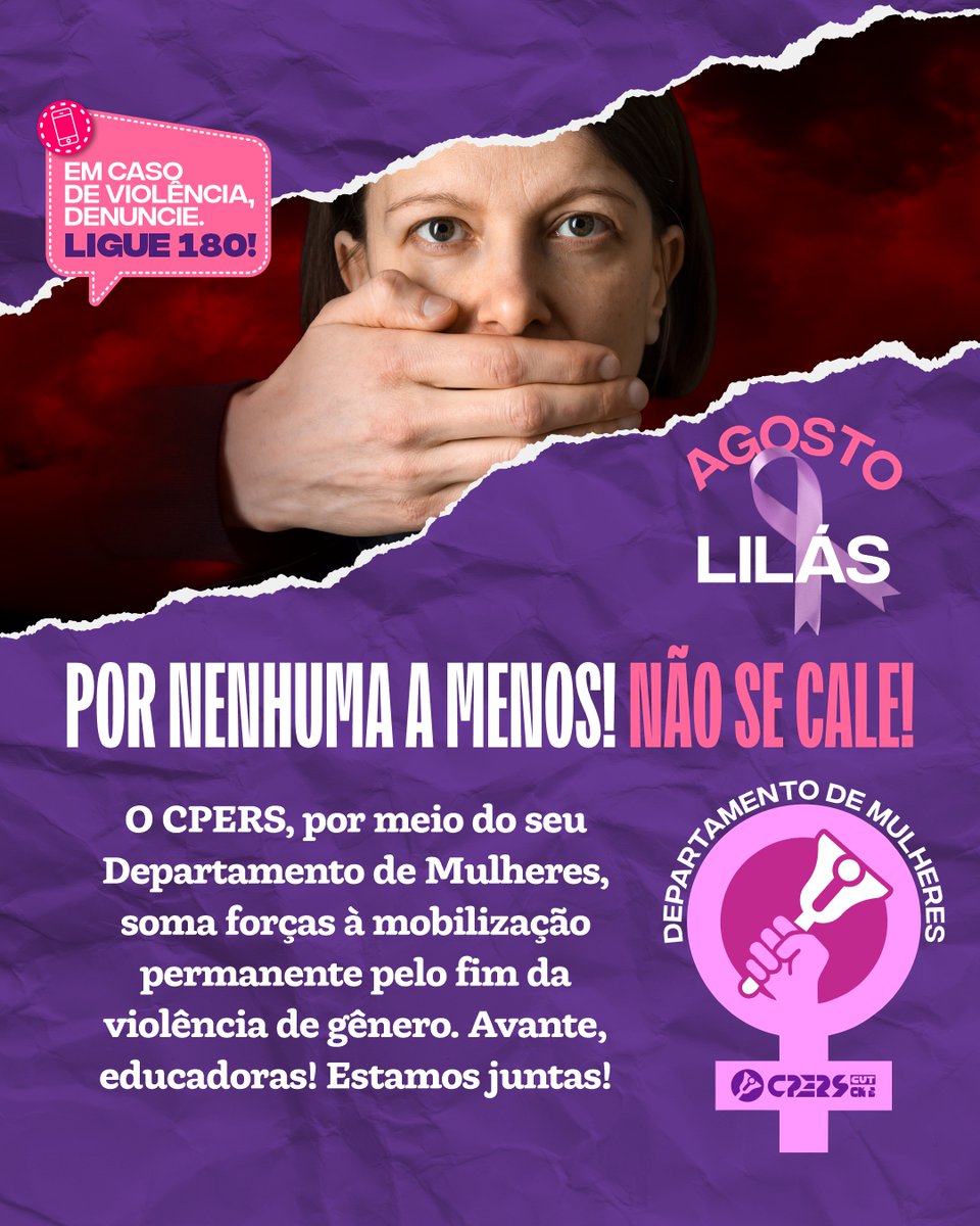 CPERSoficial's tweet photo. 💜 O Agosto Lilás é um período de conscientização e mobilização em alusão à Lei Maria da Penha, sancionada em 2006 para garantir proteção às mulheres vítimas de violência doméstica e familiar. A campanha também é um momento para reconhecer a trajetória de luta de Maria da Penha e refletir sobre a realidade de milhares de brasileiras que ainda enfrentam violência, descrença e omissão das instituições.

🔎 Somente em 2025, o Brasil registrou 1.568 vítimas de feminicídio e mais de 83 mil casos de estupro. Mesmo diante dessa realidade, muitas vítimas não denunciam seus agressores: segundo levantamento do Fórum Brasileiro de Segurança Pública e do Datafolha, 37% não tomam nenhuma atitude após sofrerem uma agressão.

✊🏽 O CPERS, por meio do Departamento de Mulheres, adere ao Agosto Lilás e reafirma seu compromisso com a luta pelo fim da violência de gênero. A educação tem um papel fundamental na construção de uma sociedade baseada na igualdade, no respeito e na defesa da vida das mulheres.

🔗 Leia a nota completa no site: https://t.co/7L0w5A3Dqa