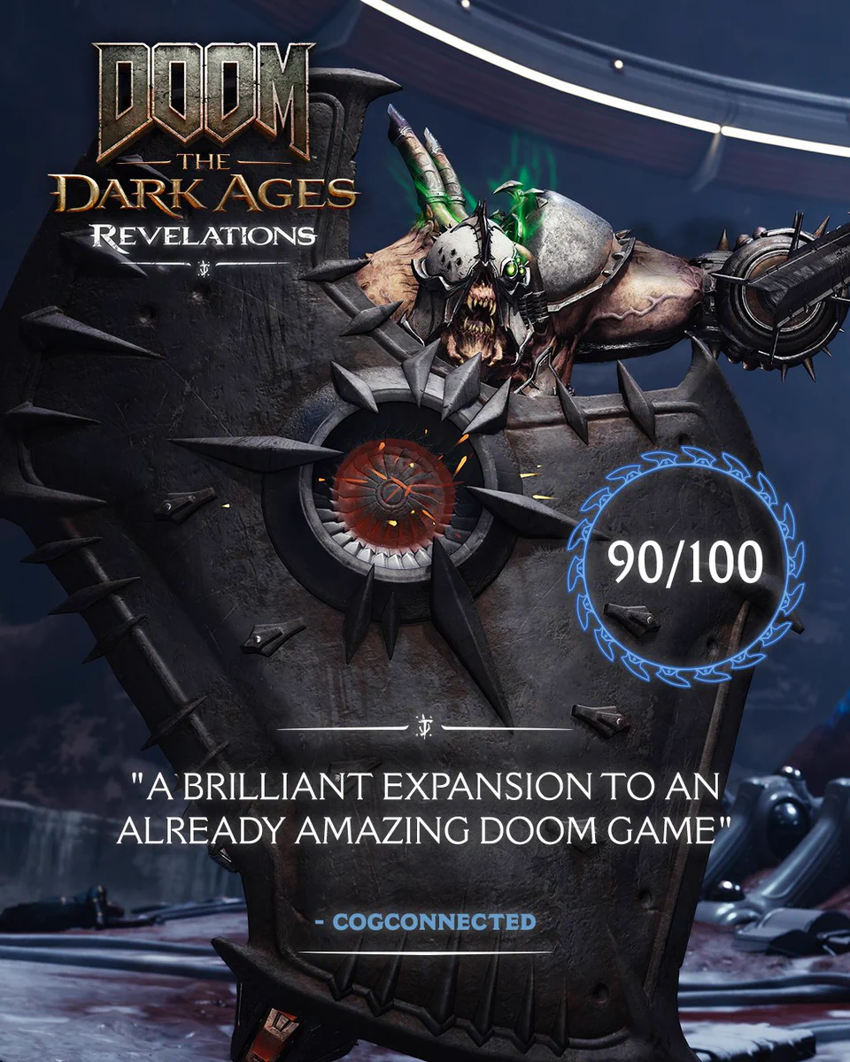 text reads "A brilliant expansion to an already amazing doom game." from COGCONNECTED. DOOM The Dark Ages Revelations logo at top left. "90/100" score review. Artwork features DOOM demon with large shield in the background.