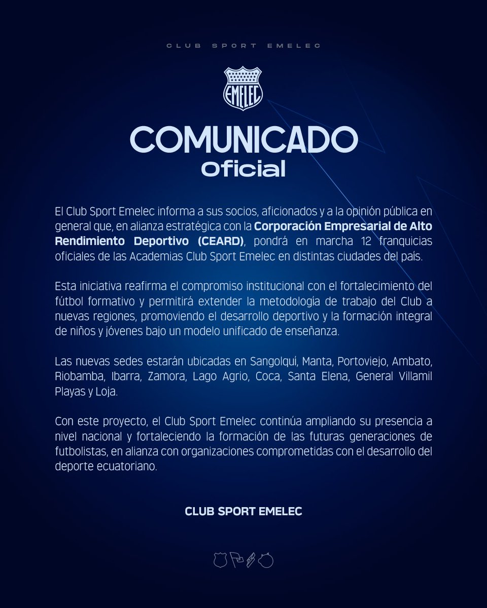 CSEmelec's tweet photo. 📃 Comunicado Oficial - Franquicias de las academias de futbol.

#VolviendoASerEmelec 🔵 https://t.co/qZm3OTvnRU