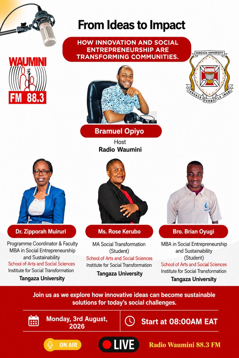 InstituteForSo6's tweet photo. 🚀 Can innovation transform communities?
Find out as Dr. Zipporah Muiruri, Ms. Rose Kerubo & Bro. Brian Oyugi from the Institute for Social Transformation, @TangazaUni join Bramuel Opiyo LIVE on Radio Waumini 88.3 FM.
📅 3 Aug | ⏰ 8:00 AM (EAT)
🎧 Tune in. Learn. Apply.

#FromIdeasToImpact #IST #TangazaUniversity