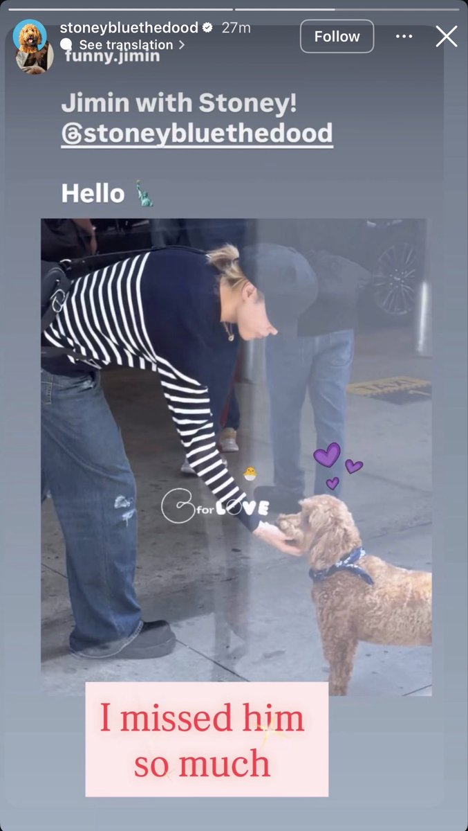 info_jimin's tweet photo. MUITA FOFURA! 😭 O perfil do cachorrinho Stoney Blue, que acompanha o BTS na turnê, já compartilhou esse momento com o #JIMIN nos stories.

🐶: Eu senti tanta falta dele. https://t.co/YO2klIMMWj