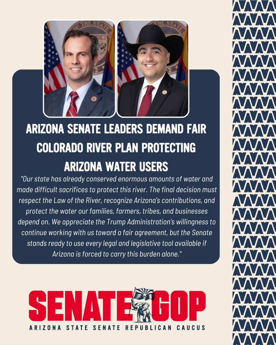 AZSenateGOP's tweet photo. 🚨FOR IMMEDIATE RELEASE: Arizona Senate Leaders Demand Fair Colorado River Plan Protecting Arizona Water Users

Full press release: https://t.co/hgkLhcGilk

@votewarren @TJShope https://t.co/b4AAr3ztCJ