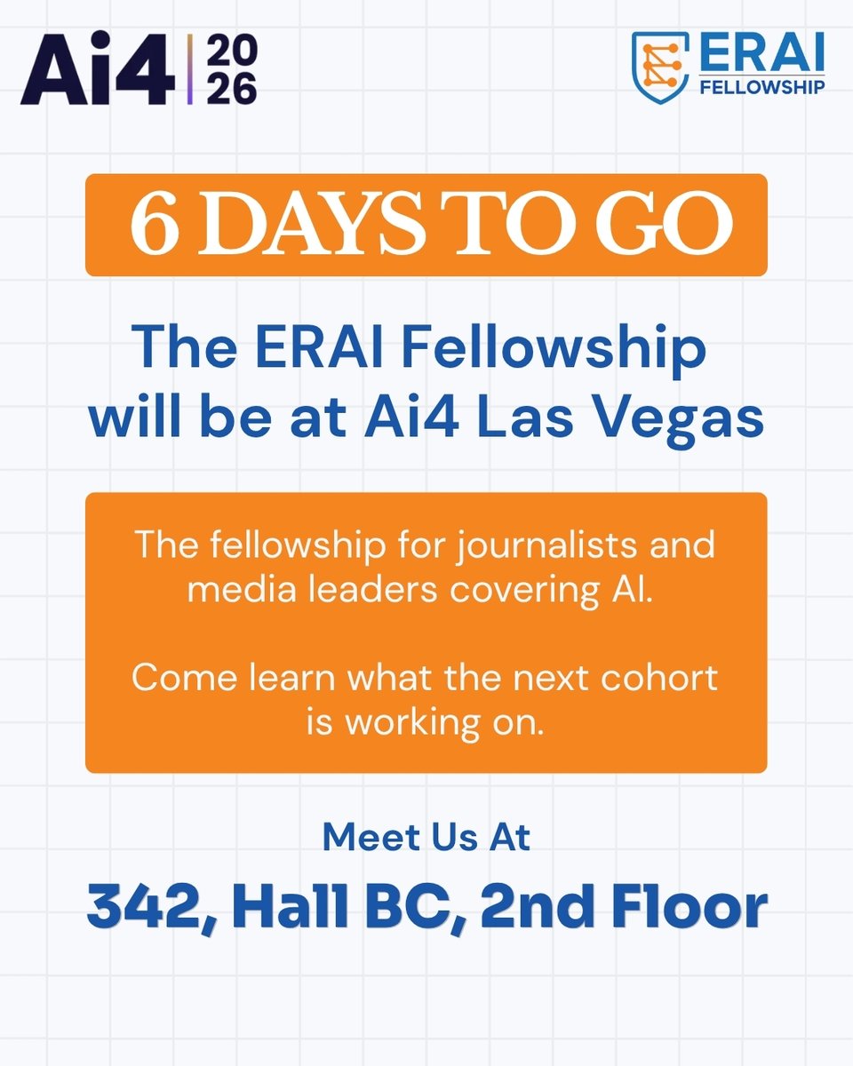 ERAI_2026's tweet photo. AI needs better journalism, not more hype. Meet the ERAI Fellowship at Ai4 2026, Booth 342, Hall BC, Venetian Expo, to explore responsible AI reporting and connect with media leaders.

#eraifellowship #aiethics #ai4 https://t.co/LqhsOaN8Qm
