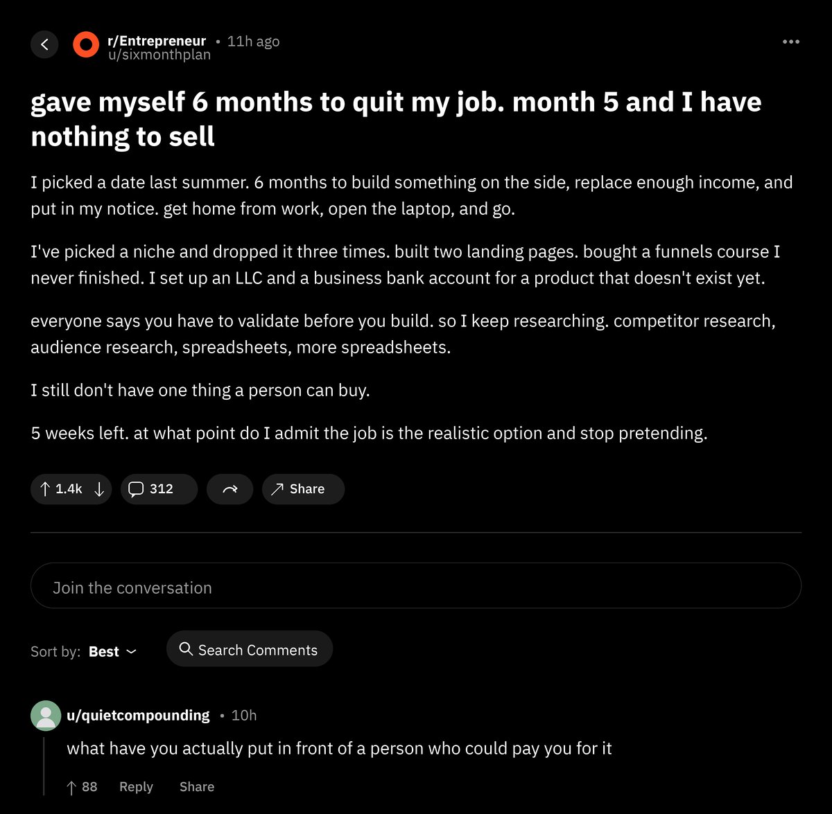 realbrianmoran's tweet photo. This guy on Reddit just LEAKED the exact 6-week plan for escaping a corporate job you hate. https://t.co/QksMbgBevY